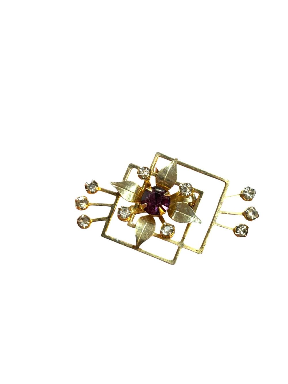 Vintage Purple Rhinestone Geometric Floral Brooch Gold Tone Atomic Mid Century